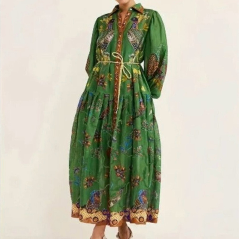 Green Bird Long Sleeve Collar Button Down  Belted Shirt Dress M